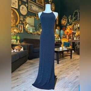 Roberta Vintage Y2K Black Sparkly Halter Maxi Gown ✨ Slit Dress